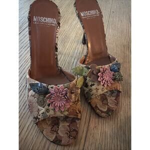 MOSCHINO TAPESTRY SLIDE Heels LEATHER FLOWERS Appliqués 39.5 Y2K $698‎ Italy